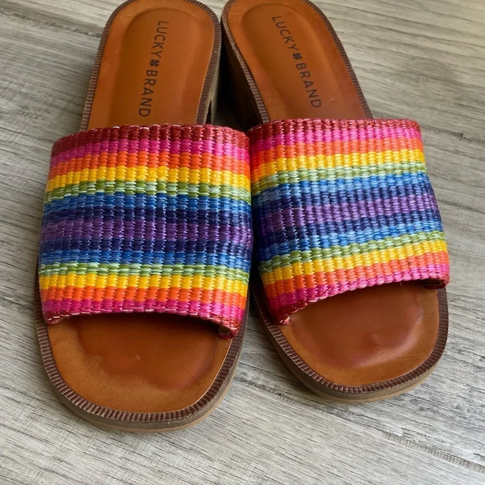 Lucky Brand Rainbow Color Woven Slide Sandals Stacked Heel Open Toe SZ 5.5